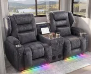 RV Loveseat Recliner Wall Hugger, Power Reclining Loveseat with Console, Lift-Up Table, USB, Outlet, 5 Pockets, Cup Holder, LED Light, RV Couch Sleeper Sofa RV Furniture for Travel Trailers Camper