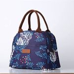 House of Quirk Insulated Reusable Lunch Bag Tote Bag For Women Printed Lunch Bag For School Picnic Office Outdoor Gym (Blue/Big White Leaves) (Nylon) 10 Litre