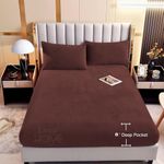 Lazy Home® Velvet Elastic Bedsheet King Size Solid Embossed Flannel Fitted Bedsheets for Double Bed Supersoft Fleece Bed Sheets with 2 Pillow Covers (Wine Brown, 72 x 78 x 8 Inches)