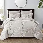 Double Size Grey Plum Flower Printed Duvet Cover Set bedding Set 3 pcs Soft Microfiber Duvet Cover with 2 Pillowcases and Zipper Closure 200 x 200cm