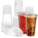 ELEGANT DISPOSABLES 24 oz. Clear Cups with Straw less Sip-Lids, PET Crystal Clear Disposable 24 oz Plastic Coffee Cups with Lids [50 Sets]