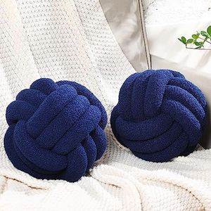 Namalu 2 Pack Knot Pillow Ball Round Throw Pillow Soft Home Decorative Handmade Knotted Plush Pillows Aesthetic Boucle Pillow Cushion for Bed Couch Floor Sofa(11 Inch,Navy Blue)