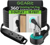 GEARit 360 Rotating Flat Plug Extension Cord (15ft, Black) Multi 3-Outlet Extension 16 AWG Wire, Adapter for Small Spaces, Right Angle Socket, ETL Certified - 15 Feet