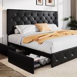 Allewie Upholstered King Size Platform Bed Frame with 4 Storage Drawers and Headboard, Diamond Stitched Button Tufted, Mattress Foundation with Wooden Slats Support, No Box Spring Needed, Black