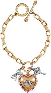 Juicy Couture Goldtone Heart and Ribbon Charm Toggle Bracelet For Women, One Size, Metal, glass stone