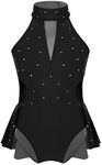 FEESHOW Kids Girls Sparkly Rhinestone Gymnastic Leotard Dress Halter Neck Ballet Dance Dress Yoga Ice Skating Dress Outfit Black 13-14 Years