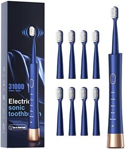 AJELU IPX7 Waterproof Sonic Electric Toothbrush, 2-Hour Fast Charge with Intelligent Time Reminder, 5 Modes, 8 Brush Heads, Travel, Indoor, Outdoor, Blue