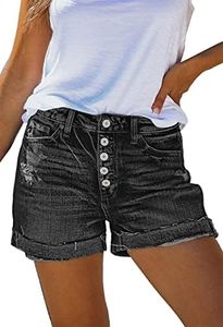 HUUSA Plus Size Denim Shorts for Women Casual Button Up Rolled Hem Distressed Short Jeans Empire Waist Autumn Frayed Shorts with Pockets Black 2XL