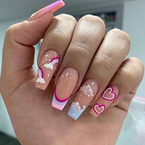 Pink Coffin Press on Nails 24 PCS Heart False Nails Glossy Long Fake Nails with Rainbow and Cloud Design Full Cover Art Tips for Women & Girls