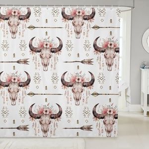 Feelyou Bull Skull Shower Curtain for Bathroom Stalls Bathtubs Women Floral Flowers Print Bath Curtain Boho Arrow Bathroom Bohemian Exotic Animal Skeleton Shower Curtain Set with 12 Hooks 72Wx72L