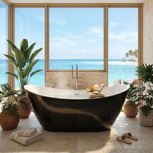 59" Acrylic Soaking Bathtub, Deep Modern Tub with Non-Slip Base, CUPC Certified, Space-Saving Bath with Chrome Drain and Overflow, Easy Install for Small Bathrooms, Black