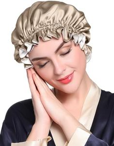 LilySilk Pure Silk Lined Cap for Women Sleep, Double Layered, Adjustable Ribbons, Luxury Natural Silk Bonnet Cap for Sleeping Coffee+White