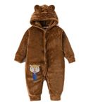 Bold N Elegant Cartoon Bear Warm Winter Fur Wool Full Sleeve Footless Baby Romper with Hood, Front Button Bodysuit for Newborn Infant Baby Boy Girl (Brown, 12-18 Months)