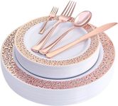 150PCS Rose Gold Plastic Dinnerware Set, Elegant Plastic Plates with Lace Design Include: 25 Dinner Plates, 25 Salad Plates, 25 Forks, 25 Knives, 25 Spoons 25 Mini Forks for Party, Wedding