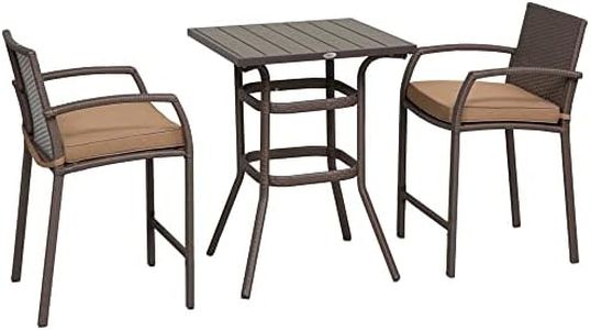 Outsunny 3 Pieces Patio Bar Set Wicker Garden Bistro Set Outdoor Furniture PE Rattan Table and Stools with Seat Cushion, Brown