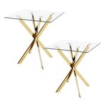 GOLDFAN Glass Side Table with Chromed Legs, Modern Square Sofa End Table for Living Room, 19.7"x19.7"x21.6" (2, Gold)