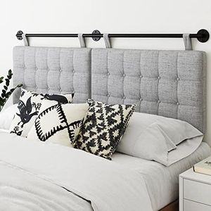 Nathan James Button Tufted Wall Mount Headboard, Padded Upholstered Fabric Panels, Adjustable Height Straps with Black Matte Metal Rail, (U.S. Standard), King/Gray (95201)