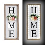 SAND MINE Lighted Wooden Home Sign Wall Decor, Rustic Wall Decorative Hanging Plaque Sign with Artificial Flowers, Lighted Farmhouse Home Decor Letters for Bedroom Living Room Entryway, 8.7" x 21.7"