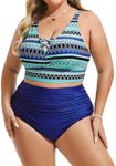 Hanna Nikole Womens Plus Size Bikini High Waisted Swimsuits Two Piece Bathing Suits Tummy Control Swimwear Blue Stripes 14W