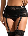 comeondear Women Sexy Lace Suspender Belt Mesh Garter Plus Size Lingerie Set with 4 Adjustable Straps Metal Clip for Stockings Black UK 16 18