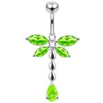 AZARIO LONDON Light Green Crystal Stone Trendy Dragonfly Design Sterling Silver Belly Bars Piercing