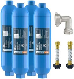 CRYSTALA RV/Camper Water Filter, Inline Water Filter Effectively Reduces Bad Taste, Odors, Chlorine and Sediment for RVs and Marines, 4 Pack Filter with 2 Flexible Hose Protector