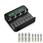 EBL 8-Bay LCD Universal Battery Charger with 4×AA (2300mAh) & 4×AAA (800mAh) Ni-MH Batteries – Fast Charging for AA, AAA, C, D Rechargeable Batteries | Type-C Input, USB Output, Smart LCD Display