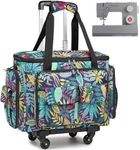 SLINRKE Sewing Machine Case with Wheels - Rolling Sewing Machine Tote with Removable Bottom Pad & Multiple Storage Pockets, Compatible with Singer & Brother (Floral)