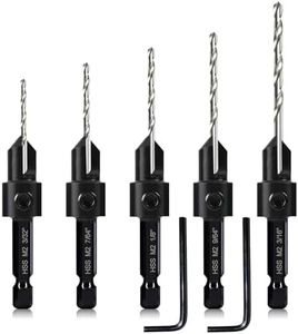 5-pc Countersink Drill Bit Set, 3in1 Woodworking Counterbore Hole Drill Bits for #6 8 10 12 16 Screws, Depth Adjustable M2 Pilot Drill Bits, 82-Degree Chamfer, 1/4” Hex Shank, 2 Allen Wrench