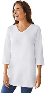 Woman Within Women's Plus Size Perfect Three-Quarter Sleeve V-Neck Tunic - 3X, White