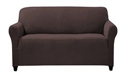 Home Beyond & HB design - Stretch Sofa Covers Slipcovers 2 Seater - Spandex Jacquard Fabric Couch Sofa Cover with Elastic Bottom - Furniture Protectors - (Loveseat 57-70 Inches Wide, Stripe Brown)