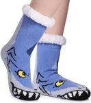 FNOVCO Kids Slipper Socks Boys Girls Fuzzy Soft Thick Cozy Warm Fleece lined Winter Indoor Christmas Socks, Blue Shark, 4-7 Years