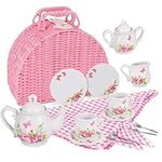 Jewelkeeper Porcelain Tea Set for Little Girls with Pink Picnic Basket, Floral Design, 18 Pieces