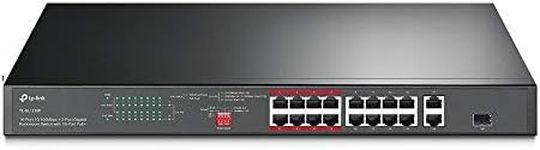 TP-Link 16-Port 10/100 Mbps + 2-Port Gigabit Rackmount PoE Switch with 16-Port PoE+, 150W Budget, Up to 250m, Priority & Isolation Mode, PoE Auto Recovery, Plug & Play, Ultra HD Video (TL-SL1218P)