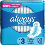 Always Maxi Feminine Pads for Women, Size 3 Extra Long Super Absorbency, with Wings, Unscented, 33 Count