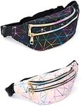 2 Pieces Holographic Black Gold Blue Pink Brillante Silver Purple Fanny Pack for Women - Great Cute Waist Pack Shiny Waist Bum Bag for Games, Concerts, Rave, Festival, Travel, Black Brillante+Pink Brillante, One_Size