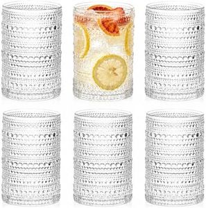 ZOOFOX Set of 6 Vintage Drinking Glasses, 11 oz Clear Hobnail Glasses Tumbler, Embossed Design Glassware for Beverages, Water, Juice, Beer, Cocktail, Whiskey and Milk