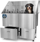 KANIS Professional Dog Washing Station 304 Stainless Steel Pet Wash Sink & Grooming Bathtub w/Shower, Floor Grates and Storage for Large, Medium & Small Pets (Silver, 50 Inches, Right Ramp, 2 Drawers)