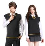 Loiahoer Unisex Sweater Vest Knit Waistcoat Tank Top V-Neck Sleeveless Pullover Sweaters Vests Halloween Cosplay Costume JK School Uniforms Fall and Winter,Dark Grey+Yellow Stripe,L