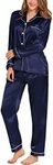 SWOMOG Womens Silk Satin Pajamas Long Sleeve Loungewear Two-Piece Sleepwear Button-Down Pj Set Deep Navy Blue