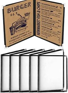 5 Pack Double Fold A4 Menu Covers 2 Fold Double View Style Menu Holders - Black/Red Foldable Clear Restaurant Menu Covers Book Folder with Leatherette Trim and Corner Protectors (Black)