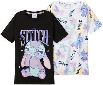 Disney Stitch T-Shirt Girls with Crew Neck Pack of 2 - Stitch Things, Black/White, 11-12 Years