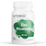 Ambrosial Zinc Picolinate 30mg, High Strength Zinc Supplements, Best Tablet for Immune Support, Bones, Hair, Skin, Nails, Supplement for Men & Women, Pack of 1-180 Tablets