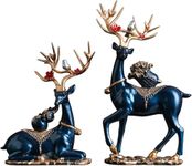 PYU Set of 2 Reindeer Couple Figurines Decorative Centerpiece Elk Sculpture Gift Modern Deer Statues for Shelf Wedding Living Room Red (Blue)