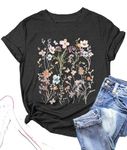 DUTUT Women Boho Flower T Shirt Vintage Floral Graphic Shirt Botanical Tee Wildflowers Shirts Garden Lover Top Grey