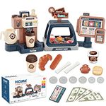 Pretend Play Coffee Maker Toy Role Play Coffee Shop Party Playset with Coffee Machine Cash Registers Toy Food Dessert Donuts Cakes Set Early Learning Funtional Toy for Kids Birthday