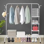 LEOPAX Premium Garment Rack, Single Rod Multi-functional Freestanding Cloth Hanging Stand for Bedroom, Home, Metal Clothes Rail with Side Hooks and Lower Storage Shelf - White - 150 x 43 x 152cm