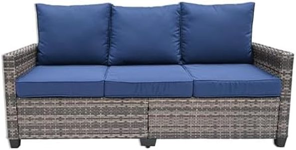 TARKARI All Weather Wicker Patio Couch, 3 Seats Patio Sofa with High Curvy Back, Premium Outdoor Sofa with Brown Wicker and Thick Cushions for Garden, Backyard, Porch, Blue