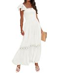 ZESICA Women's 2024 Summer Lace Strap Sleeveless Square Neck Smocked High Waist Ruffle Hollow Out Flowy A Line Maxi Dress, White, X-Large
