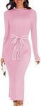 MEROKEETY Women's 2024 Long Sleeve Midi Sweater Dress Fall Mock Neck Color Block Tie Waist Bodycon Knit Dress, LightPink, M